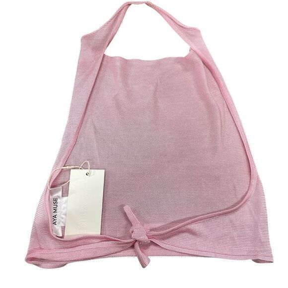 New Aya Muse Cinnabar Knit Tied Draped Halter Crop Top XXS Light Pink - Picture 4 of 6